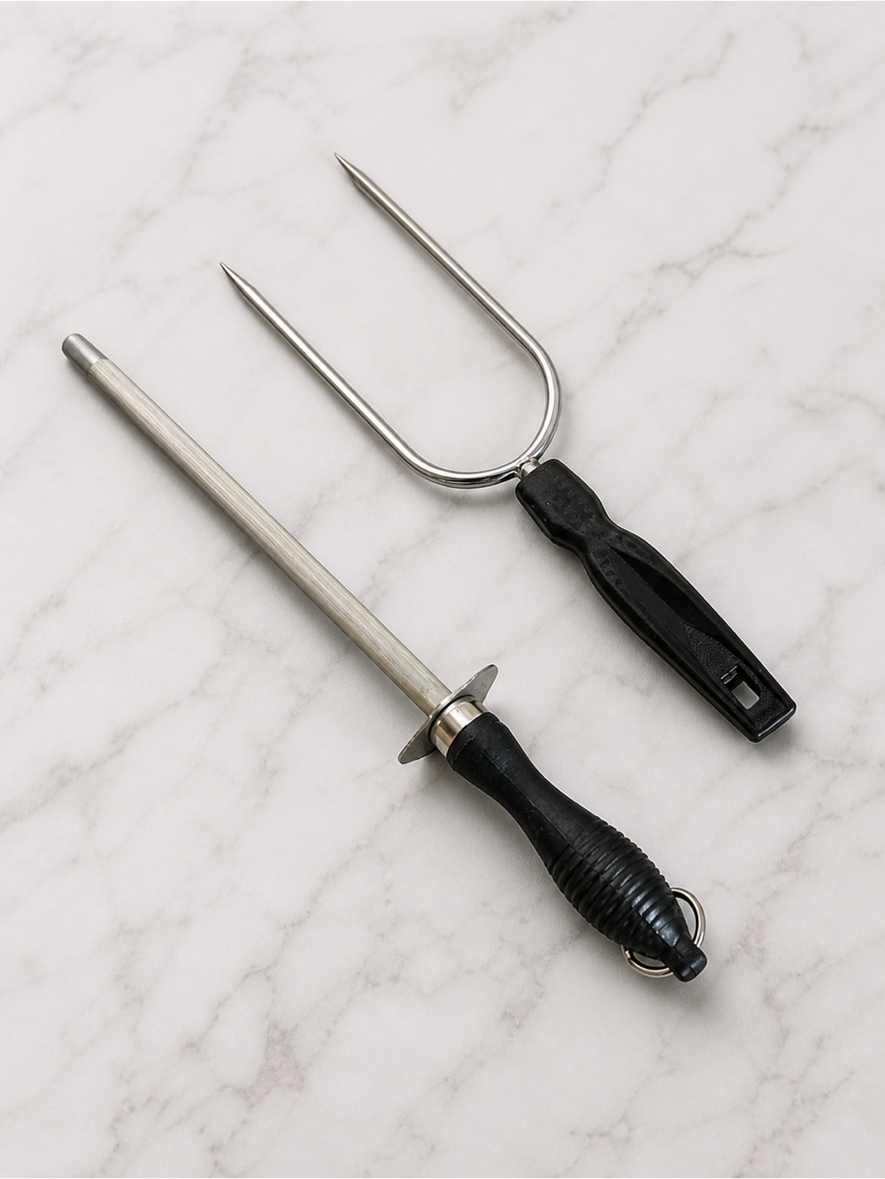 Honing Steel & Carving Fork Set Butcher Chef Kitchen Sharpening Rod Bundle